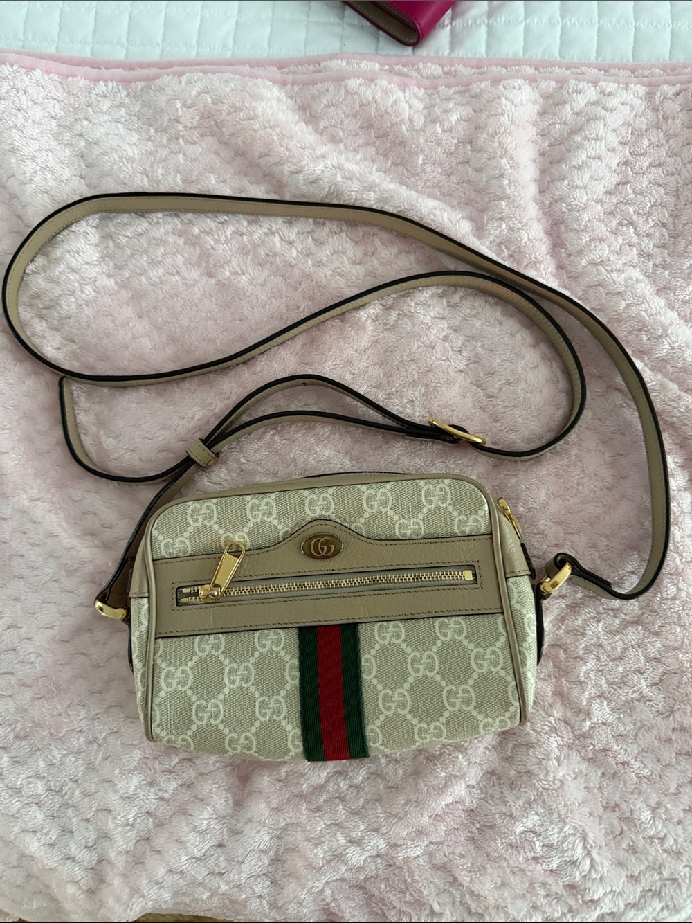 Gucci Beige GG Canvas Crossbody with Green-Red Web Stripe